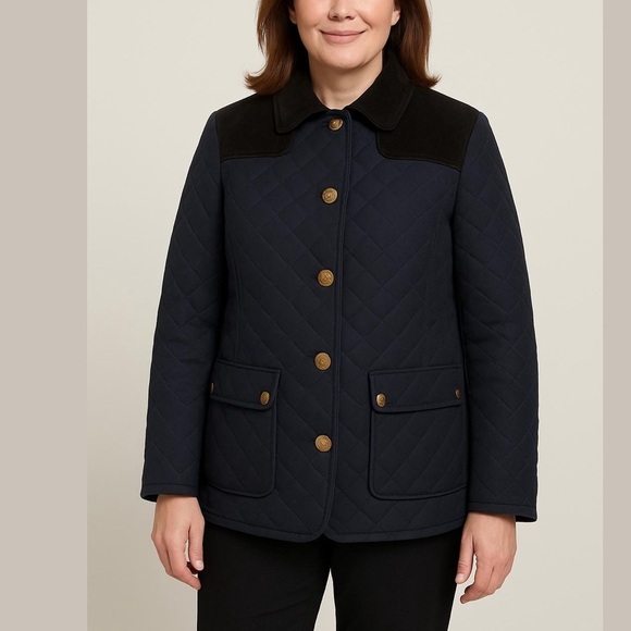 Jones New York Jackets & Blazers - Jones New York Quilted equestrian Navy Jacket Elbow Pads Corduroy Collar Sz S